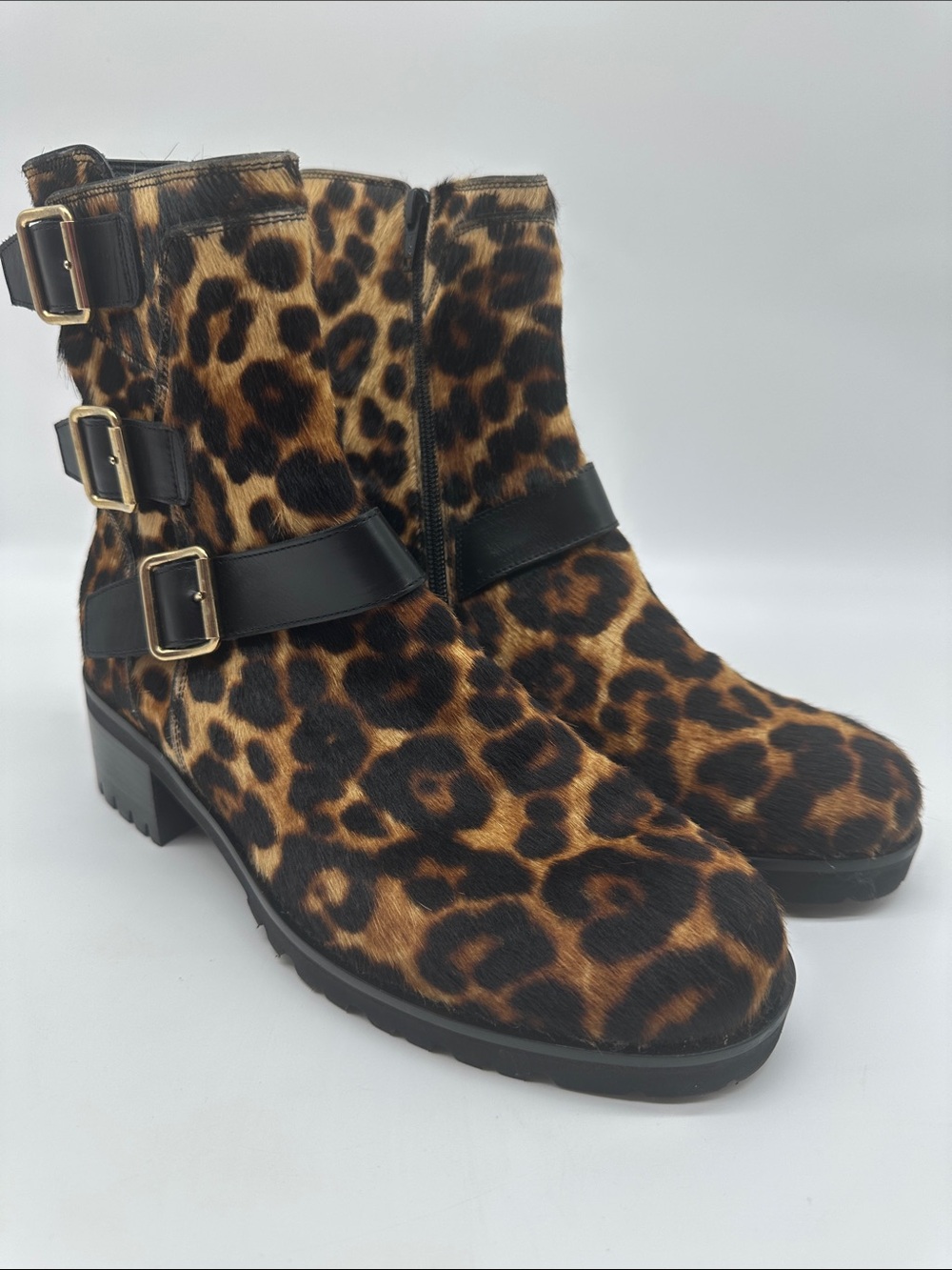 Made in Italy Calf Hair Leopard Print Buckle Strap Ankle Boots - Women